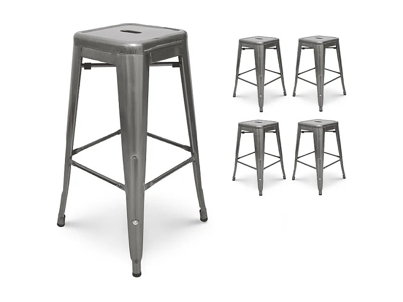 Lot de 4 tabourets de bar en métal brut aspect galvanisé style industriel - Hauteur 76 cm