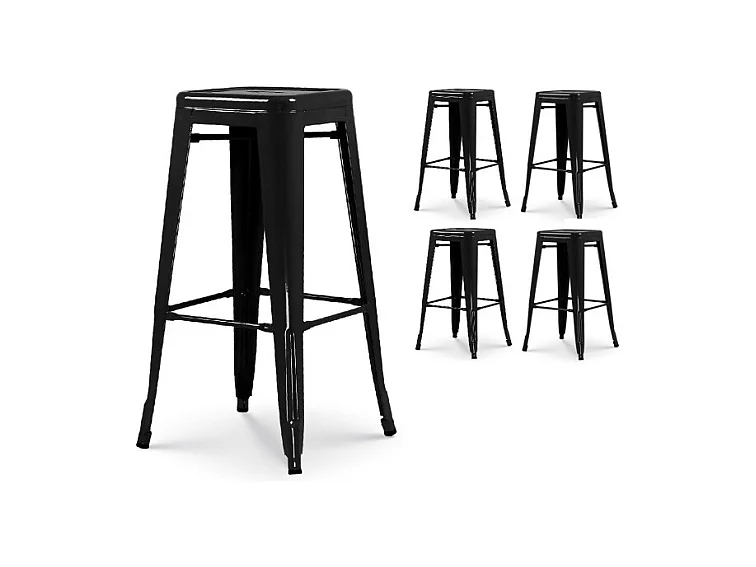 Lot de 4 tabourets de bar en métal noir brillant style industriel - Hauteur 76 cm
