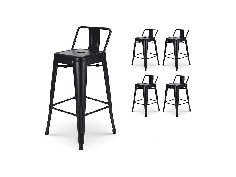 Lot de 4 tabourets de bar en métal noir mat style industriel - Avec dossier - Hauteur 66cm