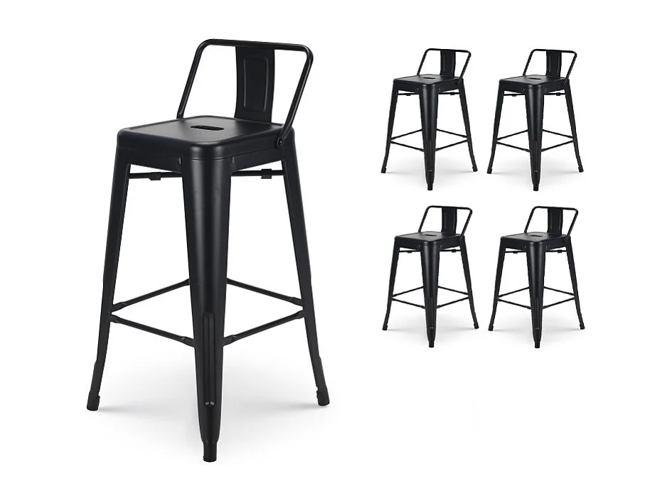 Lot de 4 tabourets de bar en métal noir mat style industriel - Avec dossier - Hauteur 66cm