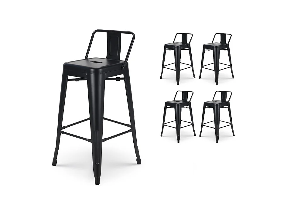 Lot de 4 tabourets de bar en métal noir mat style industriel - Avec dossier - Hauteur 66cm