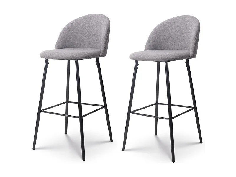 Lot de 2 chaises de Bar Design Moderne avec Dossier – Tabouret Haut en Tissu Gris et Pieds Métal Noir – Hauteur 76 cm