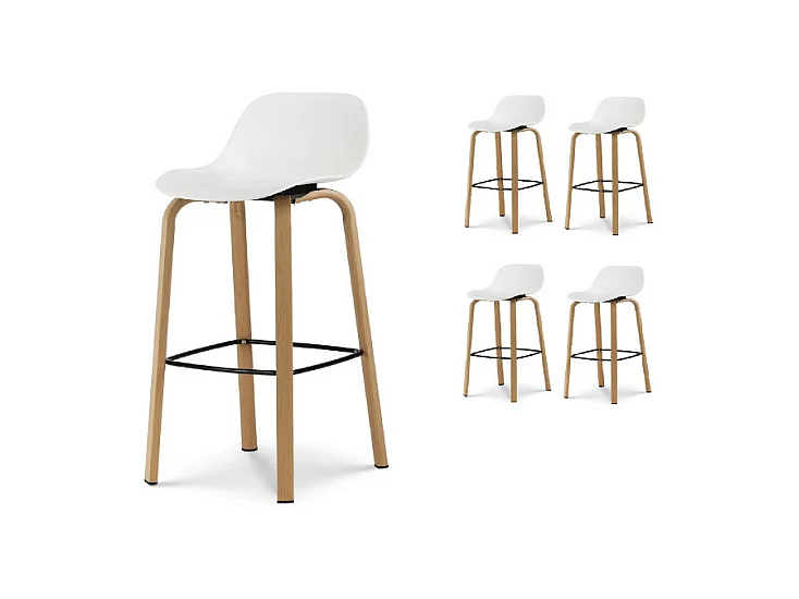 Lot de 4 tabourets de bar blancs style scandinave avec pieds effet bois en métal - Hauteur 76cm