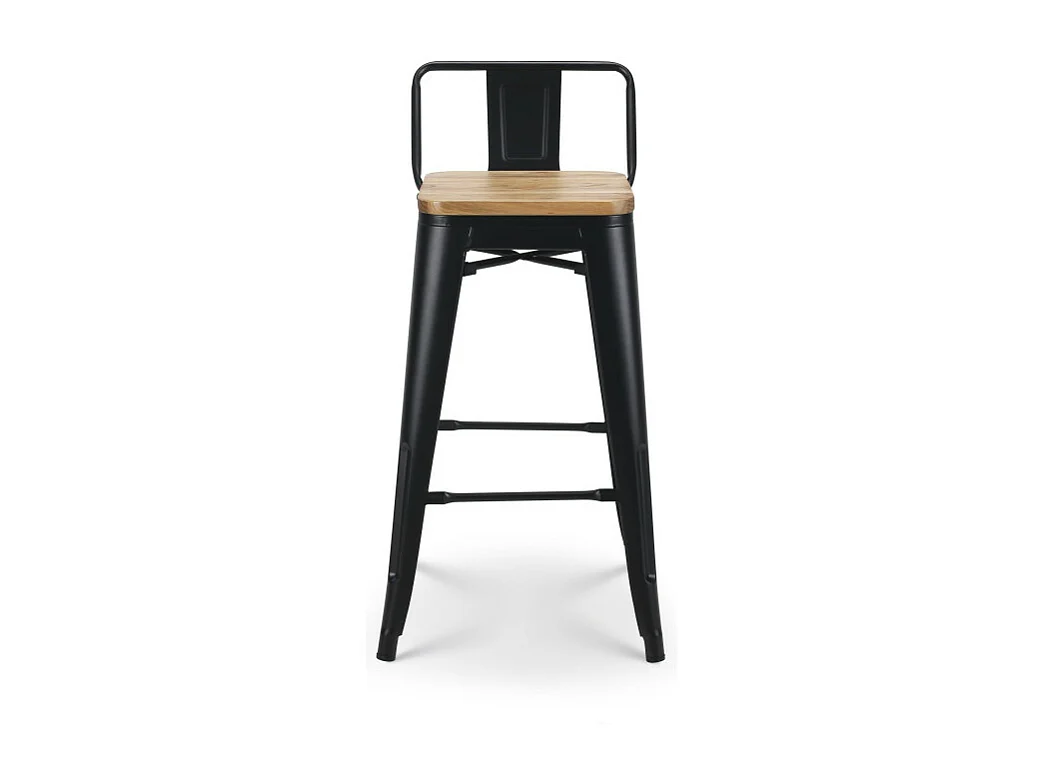 Tabouret de bar en métal noir mat style industriel avec dossier et assise en bois clair - Hauteur 66cm