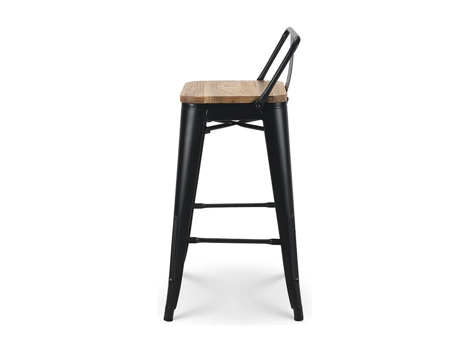 Tabouret de bar en métal noir mat style industriel avec dossier et assise en bois clair - Hauteur 66cm
