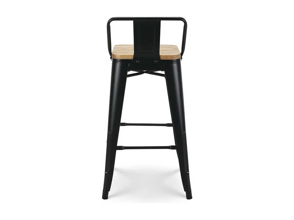 Tabouret de bar en métal noir mat style industriel avec dossier et assise en bois clair - Hauteur 66cm