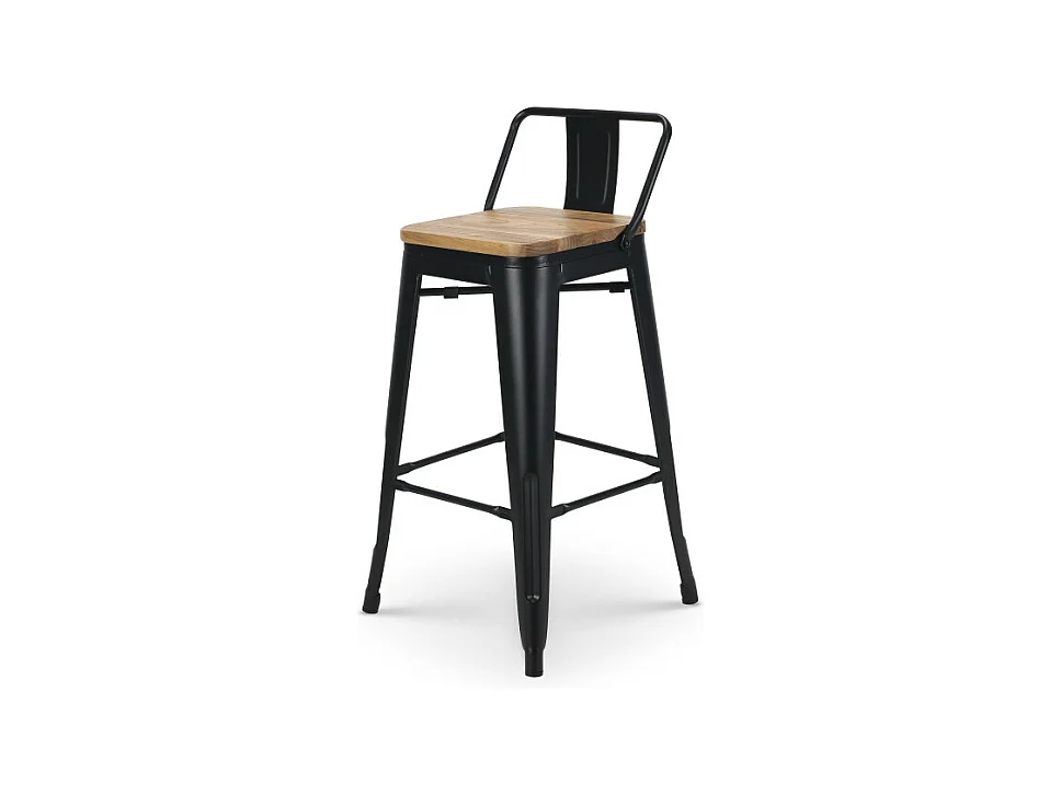 Tabouret de bar en métal noir mat style industriel avec dossier et assise en bois clair - Hauteur 66cm
