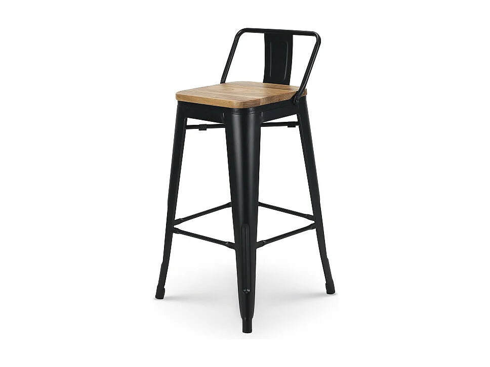Tabouret de bar en métal noir mat style industriel avec dossier et assise en bois clair - Hauteur 66cm