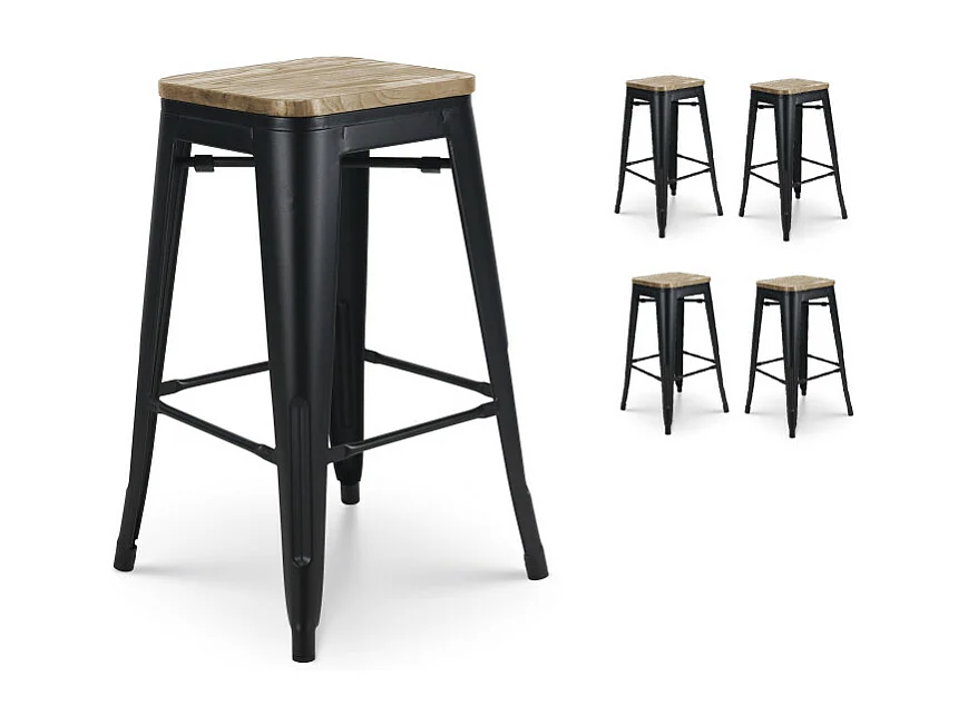 Lot de 4 tabourets de bar en métal noir mat style industriel et assise en bois clair - Hauteur 66 cm