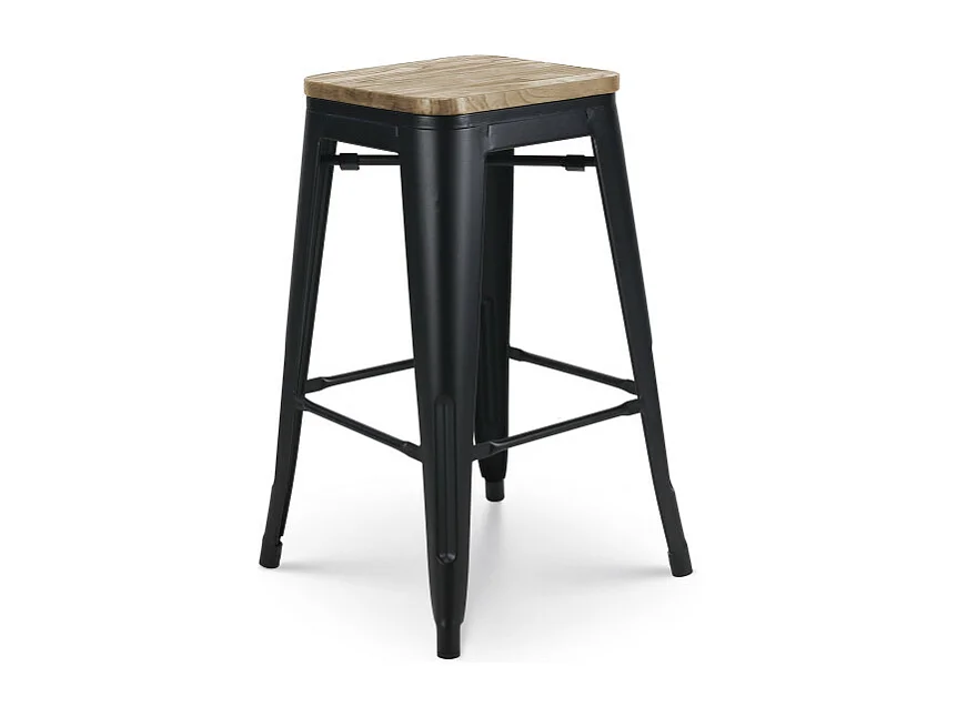 Lot de 4 tabourets de bar en métal noir mat style industriel et assise en bois clair - Hauteur 66 cm