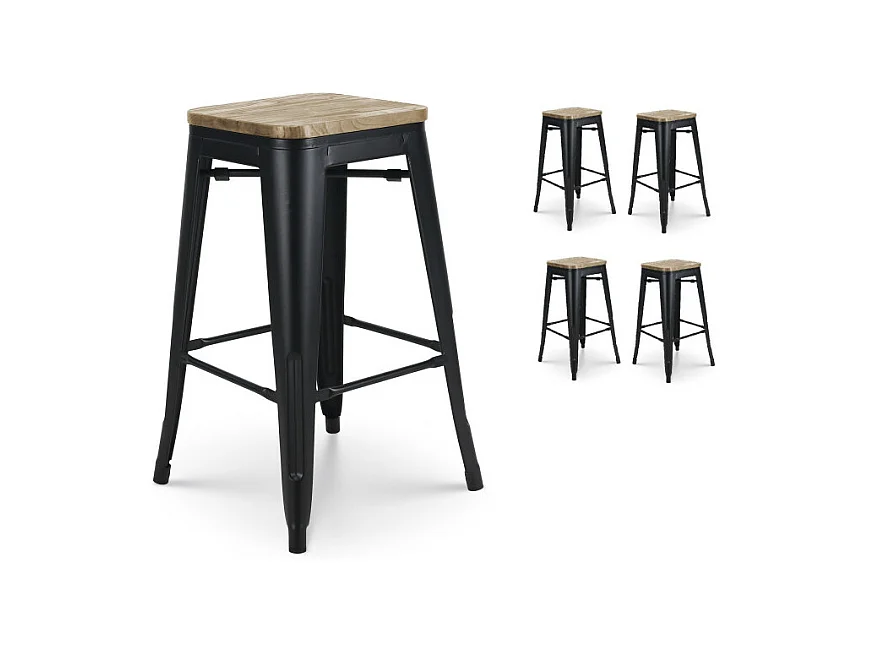 Lot de 4 tabourets de bar en métal noir mat style industriel et assise en bois clair - Hauteur 66 cm