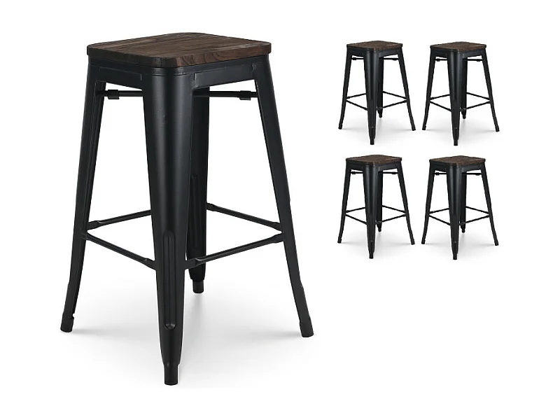 Lot de 4 tabourets de bar en métal noir mat style industriel et assise en bois foncé - Hauteur 66cm