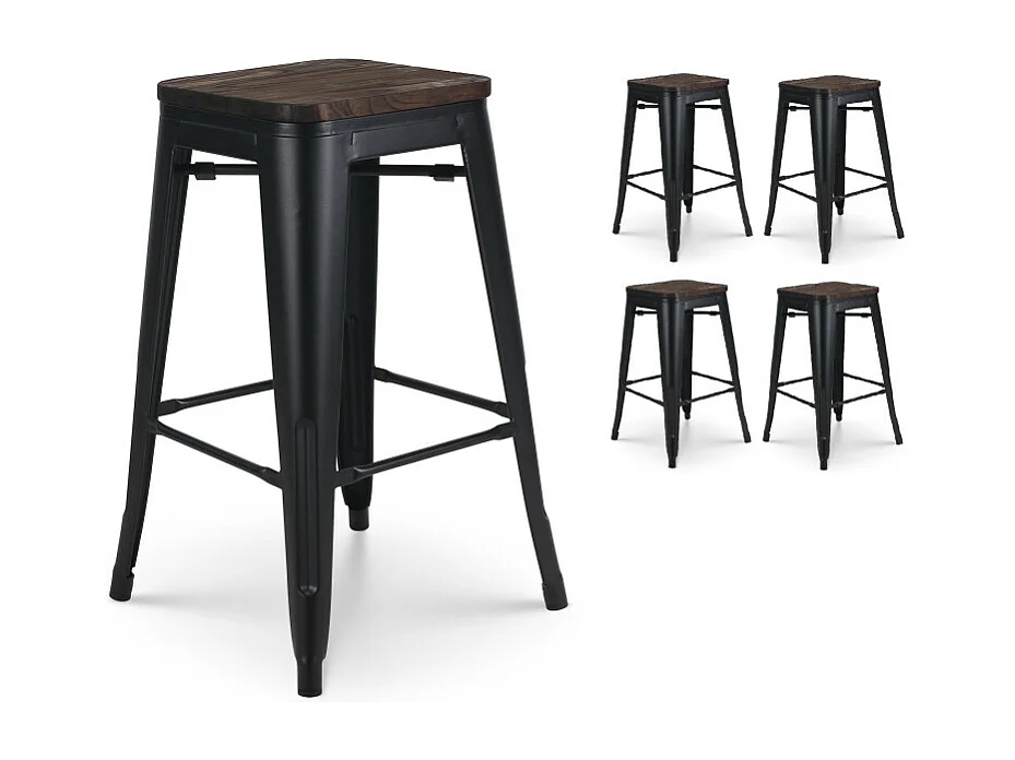Lot de 4 tabourets de bar en métal noir mat style industriel et assise en bois foncé - Hauteur 66cm