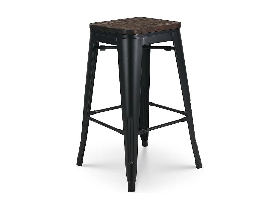 Lot de 4 tabourets de bar en métal noir mat style industriel et assise en bois foncé - Hauteur 66cm