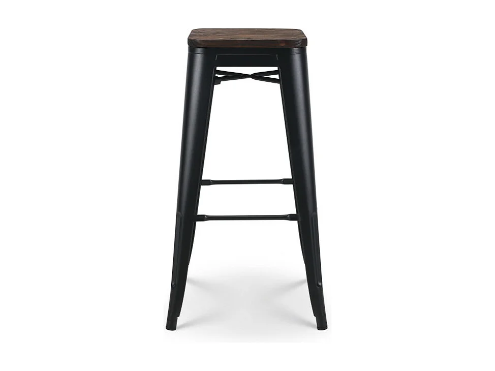 Lot de 4 tabourets de bar en métal noir mat style industriel et assise en bois foncé - Hauteur 66cm