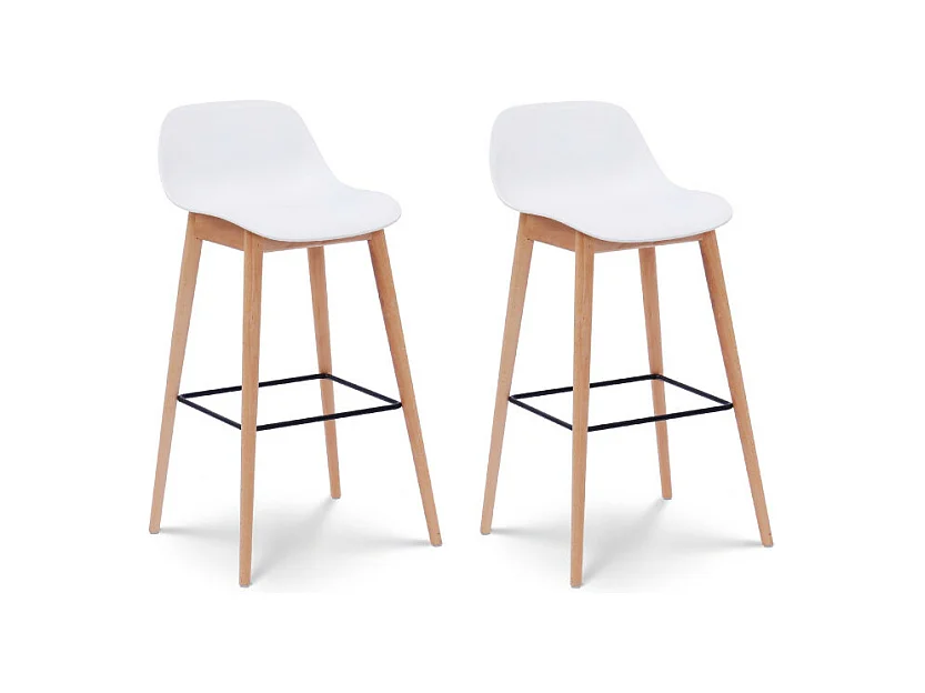 Lot de 2 tabourets de bar blancs style scandinave avec pieds en bois naturel - Hauteur 76 cm
