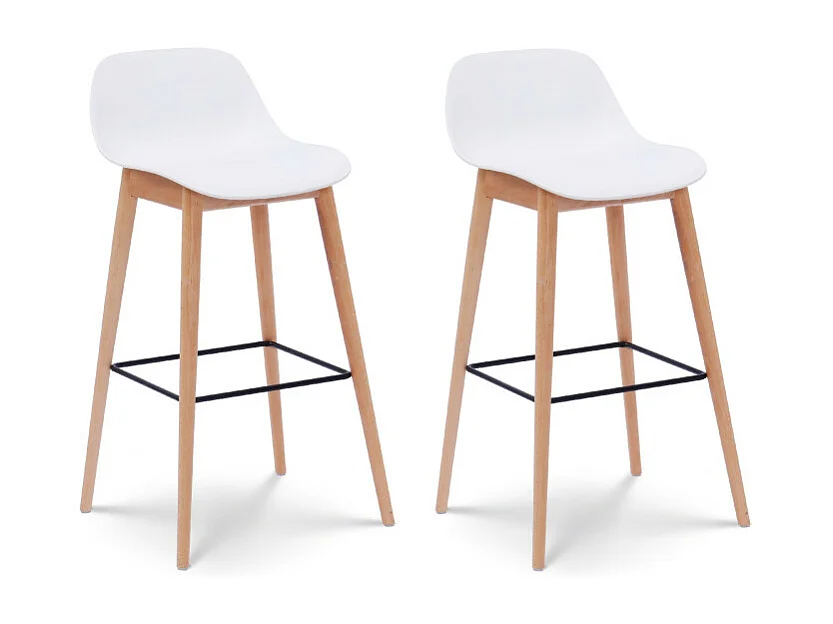 Lot de 2 tabourets de bar blancs style scandinave avec pieds en bois naturel - Hauteur 76 cm