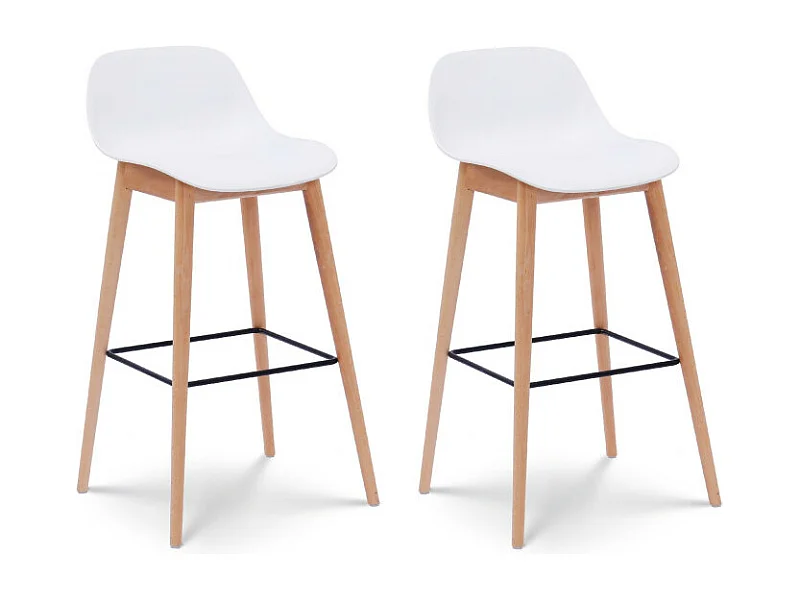 Lot de 2 tabourets de bar blancs style scandinave avec pieds en bois naturel - Hauteur 76 cm
