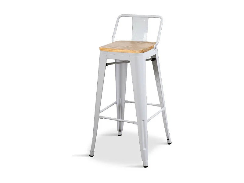 Tabouret style industriel blanc mat et assise en bois clair - Hauteur 76 cm