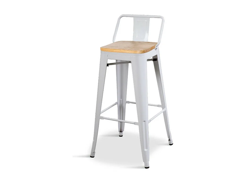 Tabouret style industriel blanc mat et assise en bois clair - Hauteur 76 cm