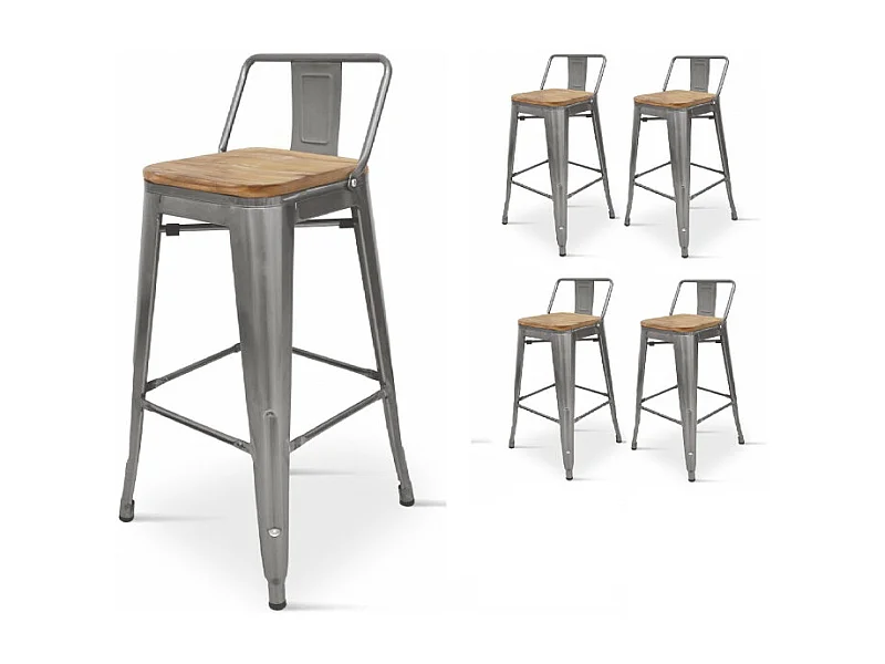 Lot de 4 tabourets de bar en métal brut aspect galvanisé style industriel avec dossier et assise en bois clair - Hauteur 66 cm