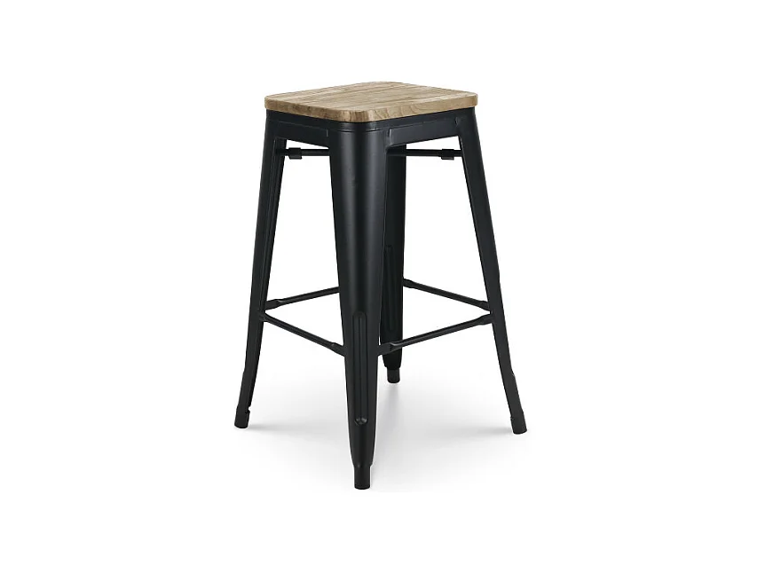 Tabouret de bar en métal noir mat style industriel et assise en bois clair - Hauteur 66 cm
