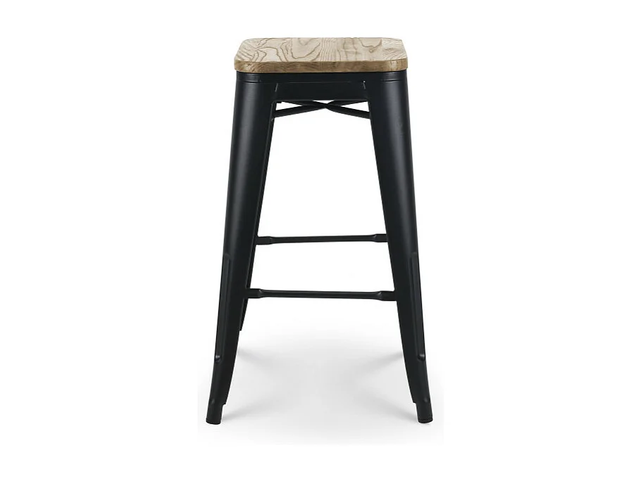 Tabouret de bar en métal noir mat style industriel et assise en bois clair - Hauteur 66 cm