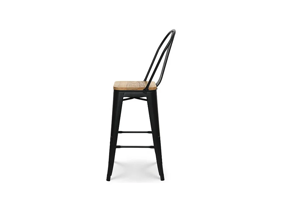 Tabouret de bar en métal noir mat style industriel avec dossier haut et assise en bois clair - Hauteur 66cm