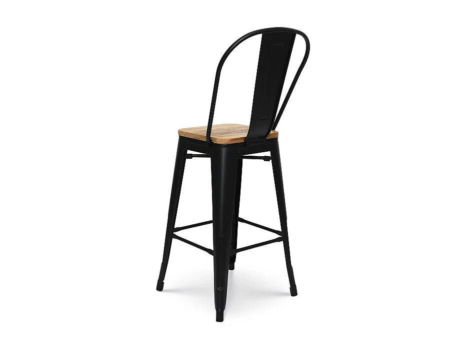 Tabouret de bar en métal noir mat style industriel avec dossier haut et assise en bois clair - Hauteur 66cm