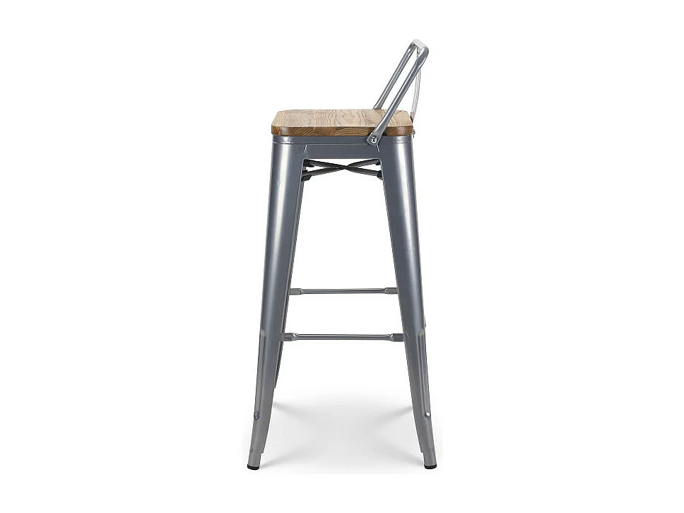 Tabouret de bar style industriel avec dossier en métal silver et assise en bois clair - Hauteur 76 cm