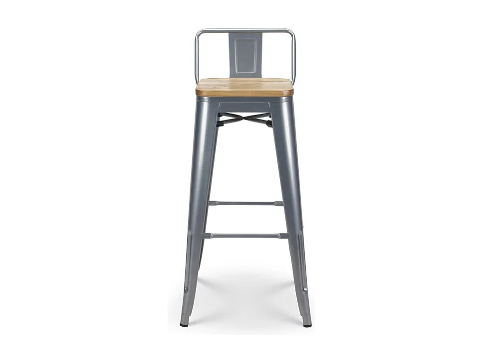 Tabouret de bar style industriel avec dossier en métal silver et assise en bois clair - Hauteur 76 cm