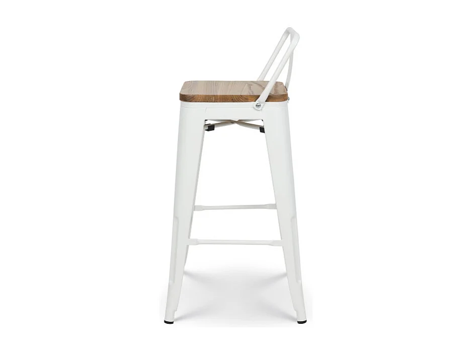 Lot de 4 tabourets en métal blanc mat style industriel avec dossier et assise en bois clair - Hauteur 66cm