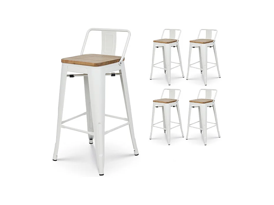 Lot de 4 tabourets en métal blanc mat style industriel avec dossier et assise en bois clair - Hauteur 66cm