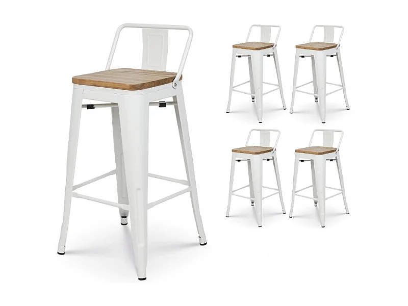 Lot de 4 tabourets en métal blanc mat style industriel avec dossier et assise en bois clair - Hauteur 66cm