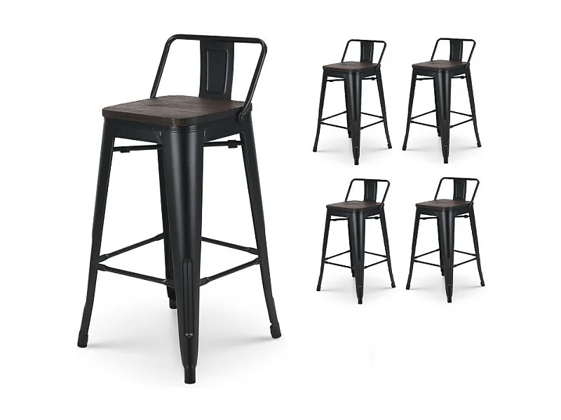 Lot de 4 tabourets de bar en métal noir mat style industriel avec dossier et assise en bois foncé - Hauteur 66cm