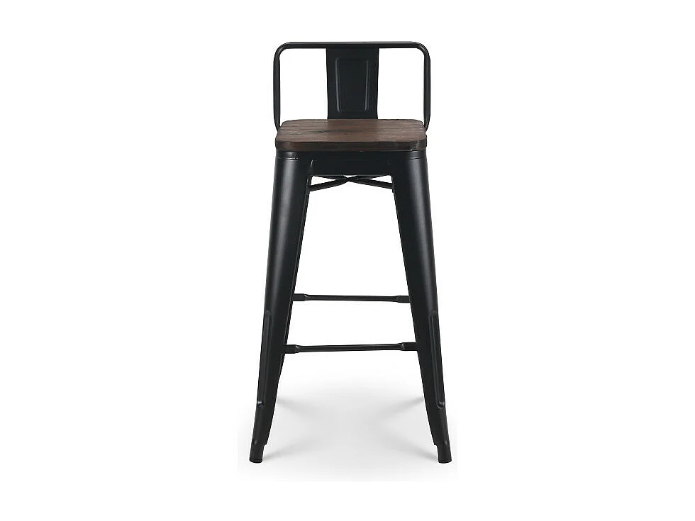 Lot de 4 tabourets de bar en métal noir mat style industriel avec dossier et assise en bois foncé - Hauteur 66cm