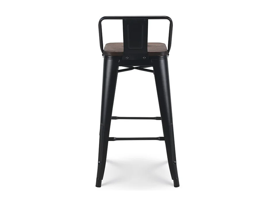 Lot de 4 tabourets de bar en métal noir mat style industriel avec dossier et assise en bois foncé - Hauteur 66cm