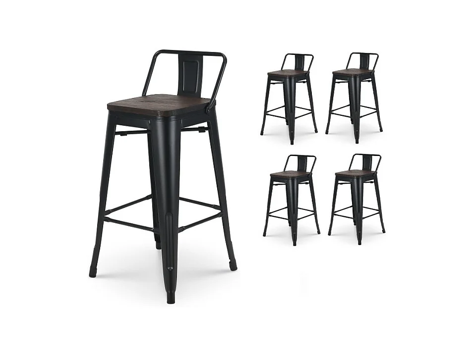Lot de 4 tabourets de bar en métal noir mat style industriel avec dossier et assise en bois foncé - Hauteur 66cm