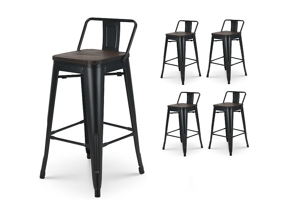 Lot de 4 tabourets de bar en métal noir mat style industriel avec dossier et assise en bois foncé - Hauteur 66cm