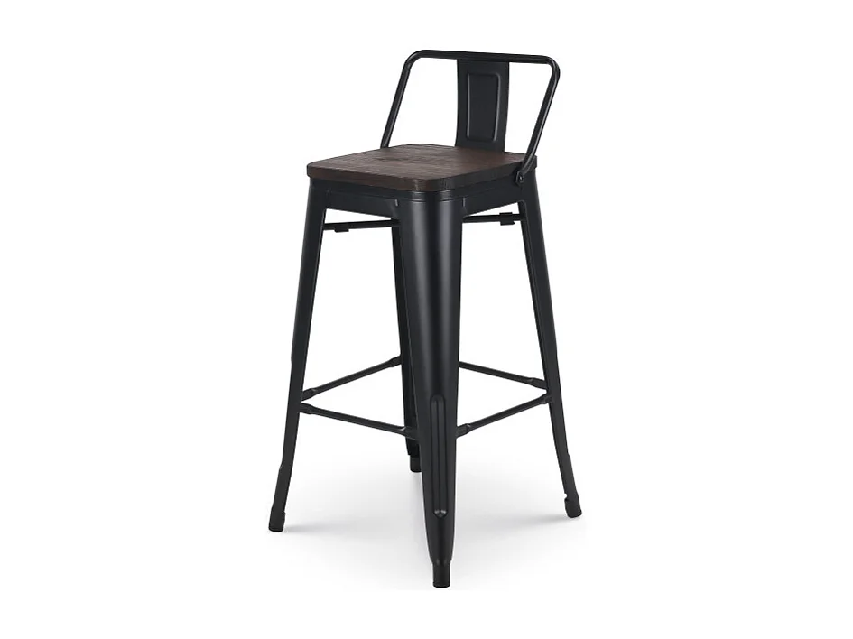 Lot de 4 tabourets de bar en métal noir mat style industriel avec dossier et assise en bois foncé - Hauteur 66cm