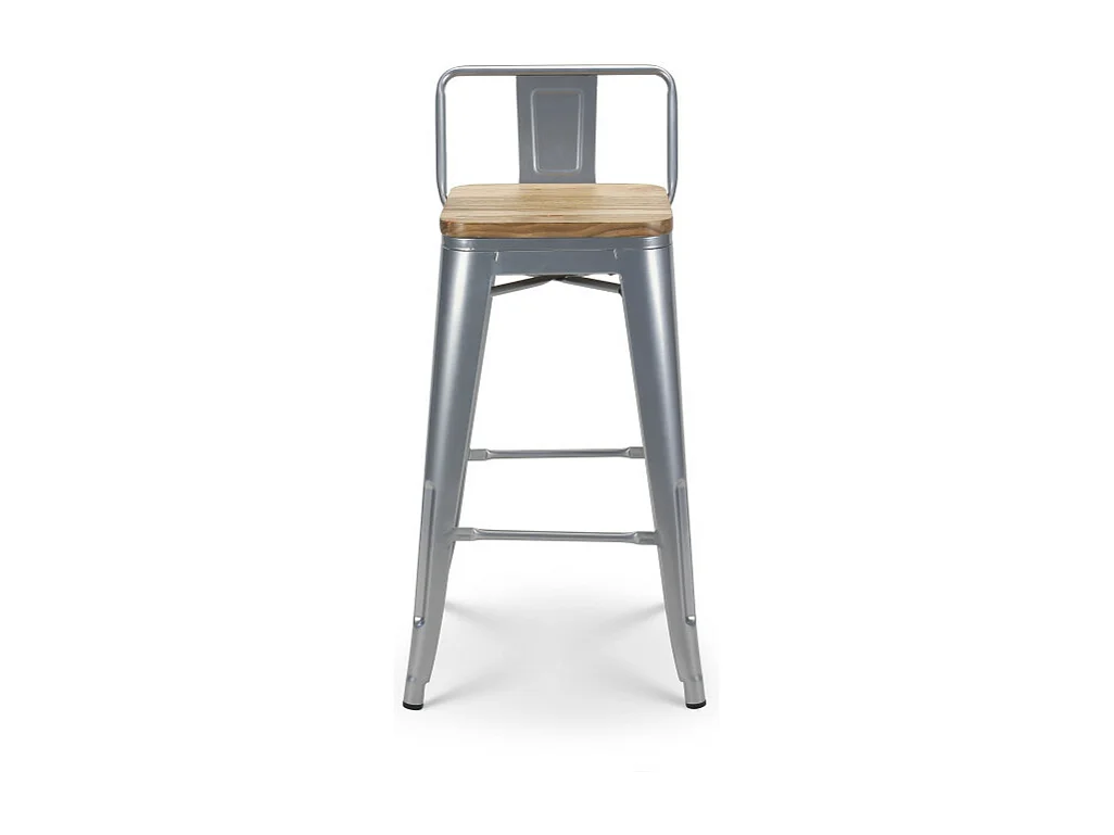 Lot de 4 tabourets de bar en métal silver style industriel avec dossier et assise en bois clair - Hauteur 66 cm