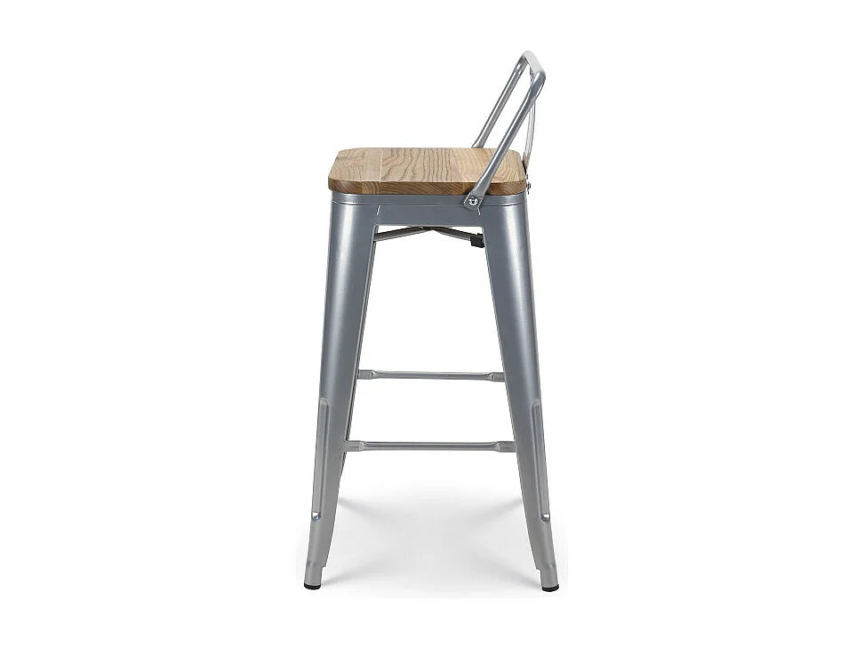 Lot de 4 tabourets de bar en métal silver style industriel avec dossier et assise en bois clair - Hauteur 66 cm