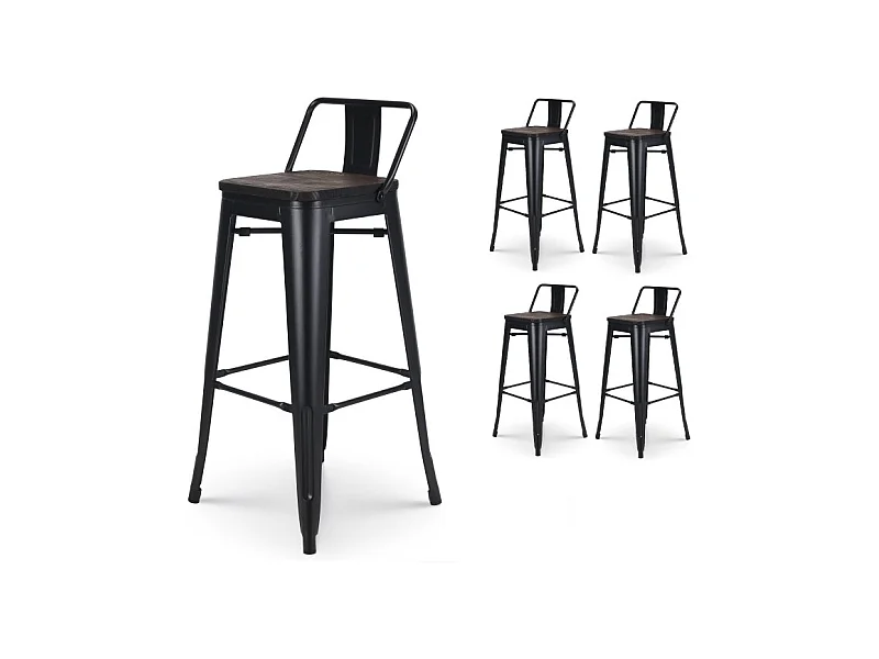 Lot de 4 tabourets de bar en métal noir mat style industriel avec dossier et assise en bois foncé - Hauteur 76 cm