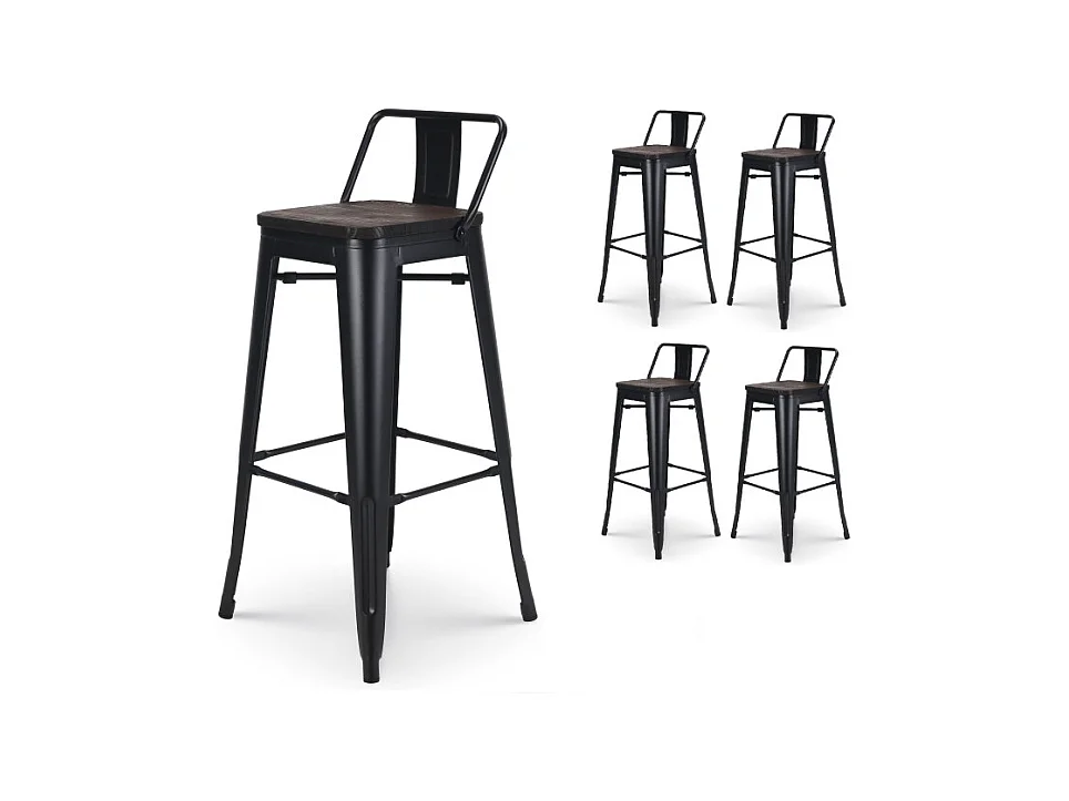 Lot de 4 tabourets de bar en métal noir mat style industriel avec dossier et assise en bois foncé - Hauteur 76 cm