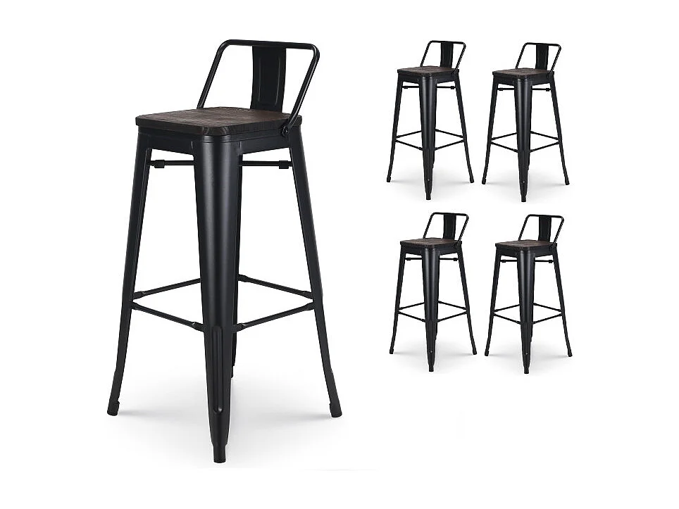 Lot de 4 tabourets de bar en métal noir mat style industriel avec dossier et assise en bois foncé - Hauteur 76 cm