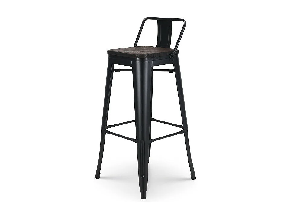Lot de 4 tabourets de bar en métal noir mat style industriel avec dossier et assise en bois foncé - Hauteur 76 cm