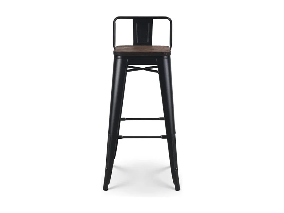 Lot de 4 tabourets de bar en métal noir mat style industriel avec dossier et assise en bois foncé - Hauteur 76 cm