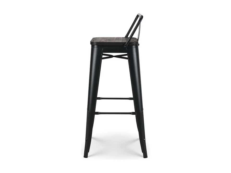 Lot de 4 tabourets de bar en métal noir mat style industriel avec dossier et assise en bois foncé - Hauteur 76 cm