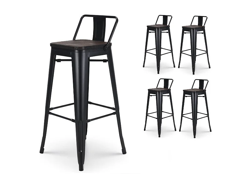 Lot de 4 tabourets de bar en métal noir mat style industriel avec dossier et assise en bois foncé - Hauteur 76 cm