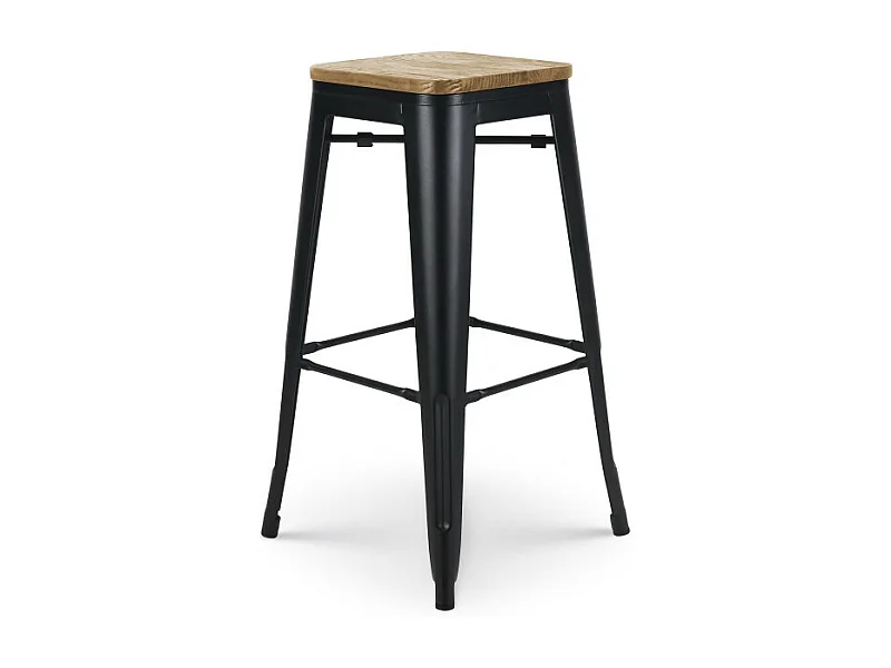 Tabouret de bar en métal noir mat style industriel et assise en bois clair - Hauteur 76 cm